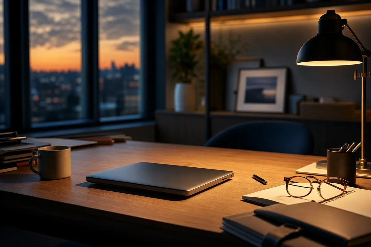 Mesa de trabalho silenciosa ao fim do dia, com notebook fechado e luz acolhedora.