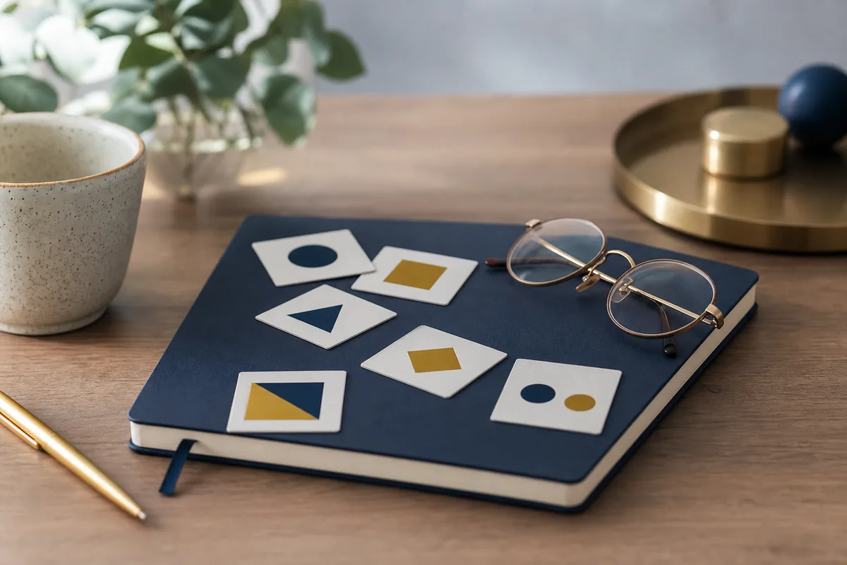 Caderno, óculos e cartões de formas usados em atividades de memória e atenção.