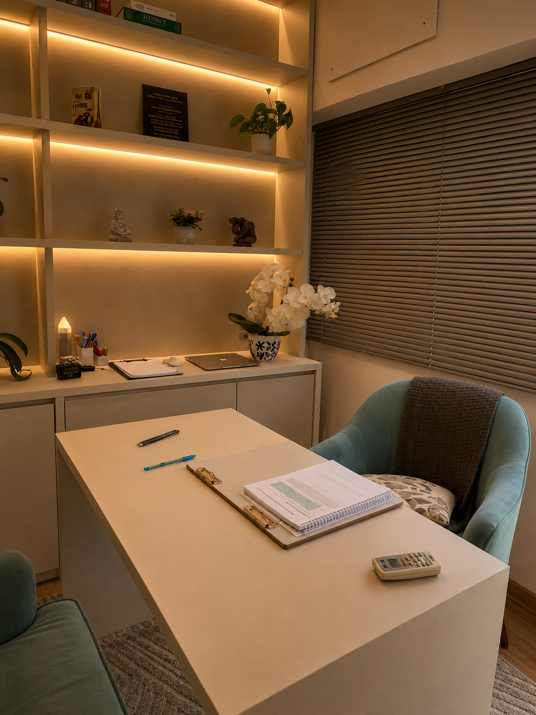 Consultório 02 do Instituto Axon Savant com mesa de atendimento, poltrona azul e iluminação acolhedora.